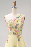 Floral Ruched Butter Yellow A Line One Shoulder Maxi Wedding Guest Dress