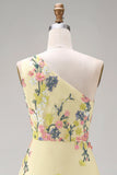 Floral Ruched Butter Yellow A Line One Shoulder Maxi Wedding Guest Dress