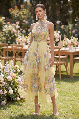 High Neck Floral Butter Yellow A Line Open Back Maxi Wedding Guest Dress with Ruffles