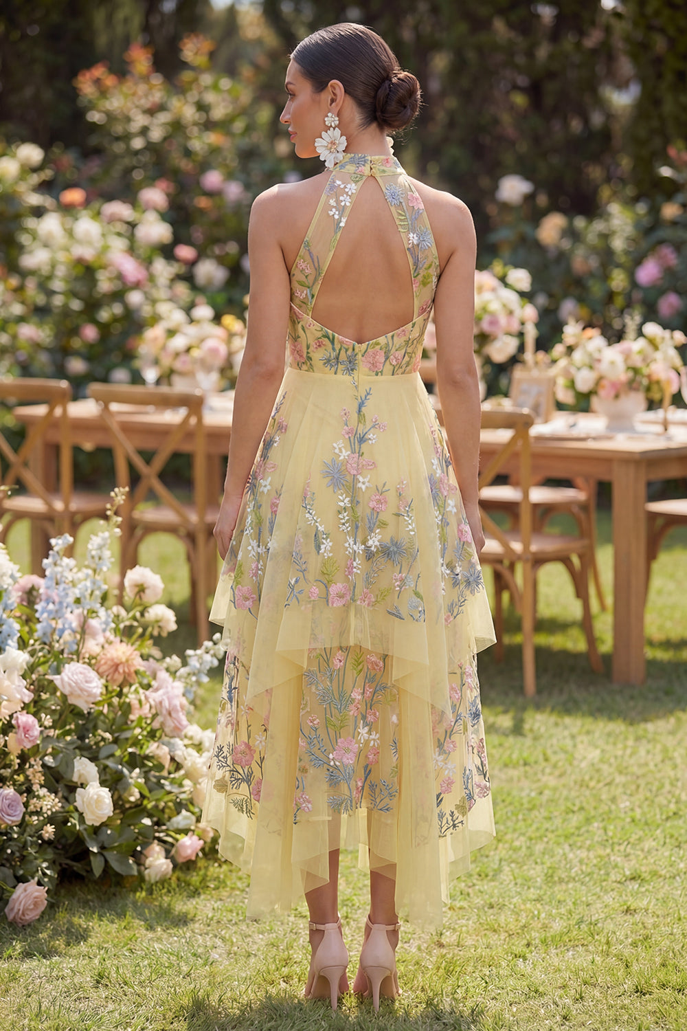 High Neck Floral Butter Yellow A Line Open Back Maxi Wedding Guest Dress with Ruffles