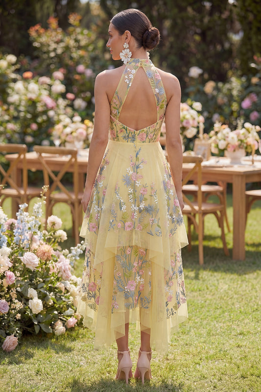 High Neck Floral Butter Yellow A Line Open Back Maxi Wedding Guest Dress with Ruffles