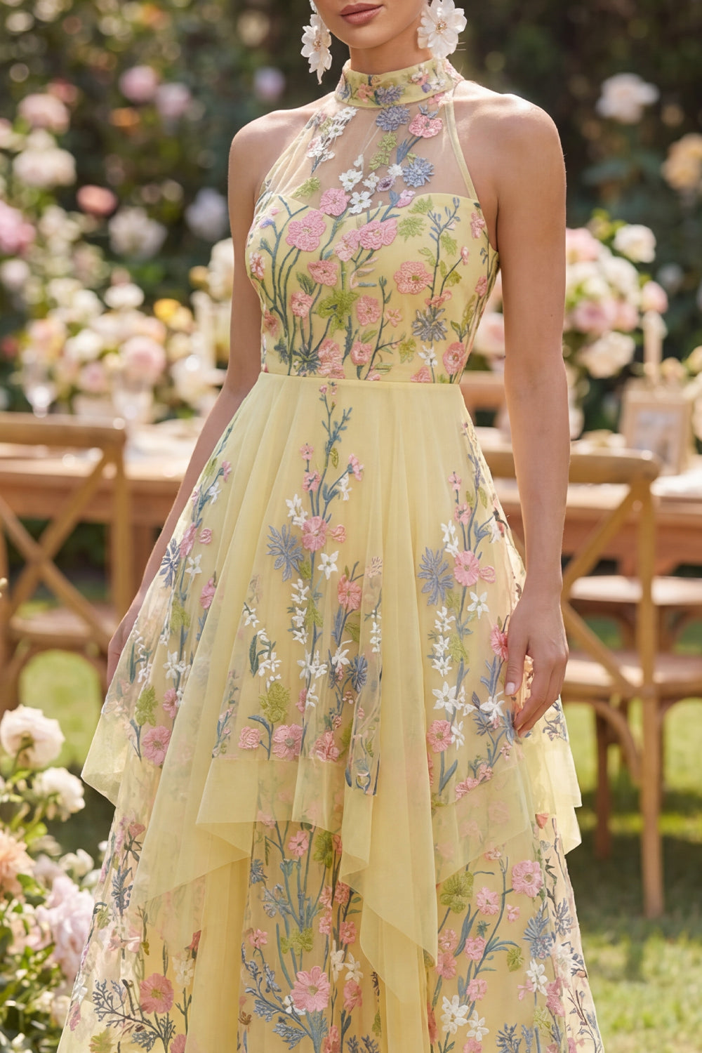 High Neck Floral Butter Yellow A Line Open Back Maxi Wedding Guest Dress with Ruffles