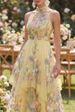 High Neck Floral Butter Yellow A Line Open Back Maxi Wedding Guest Dress with Ruffles