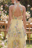 High Neck Floral Butter Yellow A Line Open Back Maxi Wedding Guest Dress with Ruffles