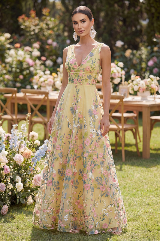 V-Neck Floral Butter Yellow A Line Long Wedding Guest Dress