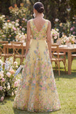 V-Neck Floral Butter Yellow A Line Long Wedding Guest Dress