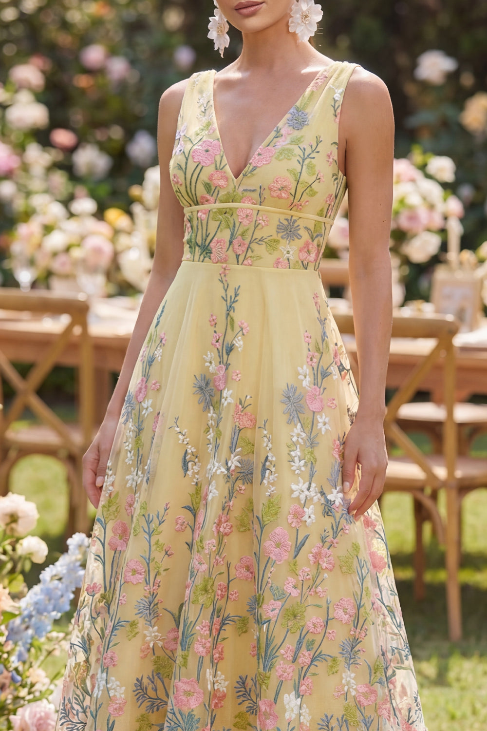 V-Neck Floral Butter Yellow A Line Long Wedding Guest Dress