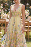 V-Neck Floral Butter Yellow A Line Long Wedding Guest Dress