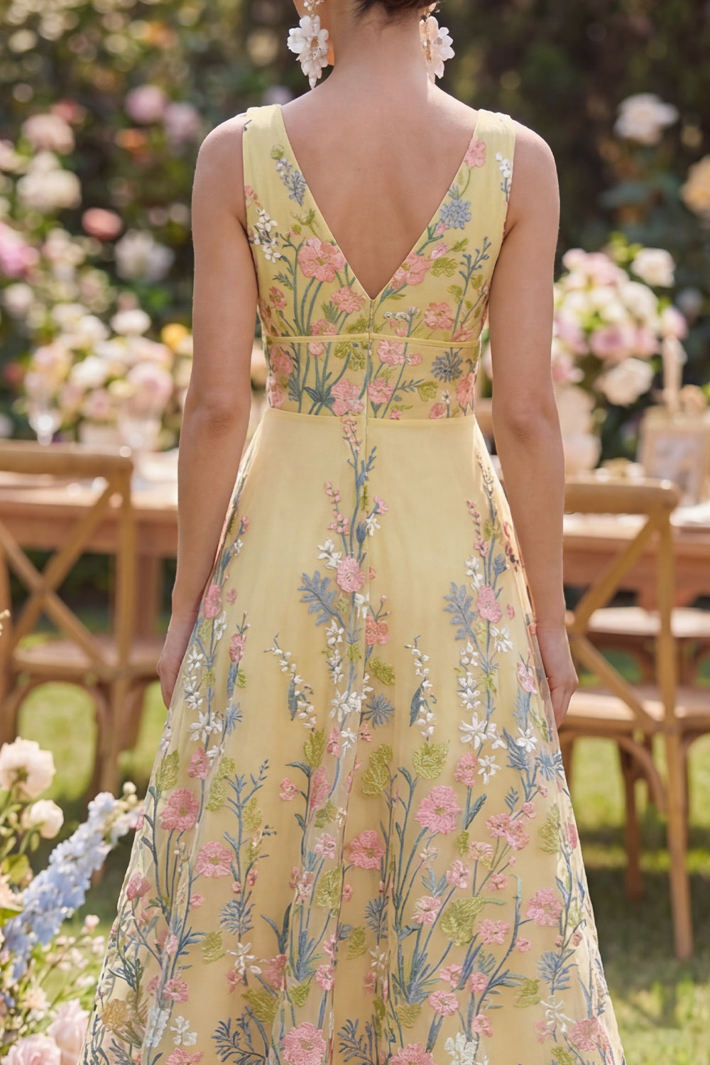 V-Neck Floral Butter Yellow A Line Long Wedding Guest Dress