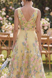 V-Neck Floral Butter Yellow A Line Long Wedding Guest Dress