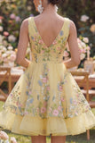 Short V-Neck Floral Butter Yellow A Line Wedding Guest Dress with Ruffles
