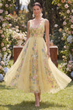 Square Neck Floral Butter Yellow A Line Maxi Wedding Guest Dress
