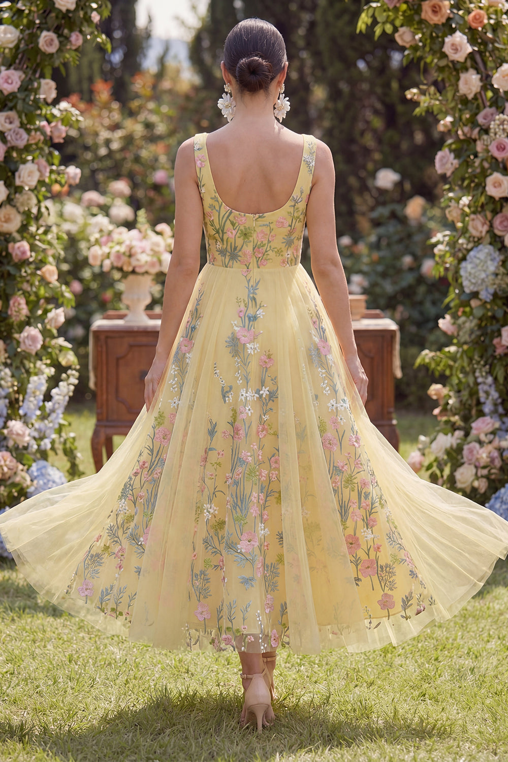 Zapakasa Women Butter Yellow Floral Maxi Wedding Guest Dress A Line Square  Neck Formal Dress