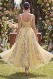 Square Neck Floral Butter Yellow A Line Maxi Wedding Guest Dress