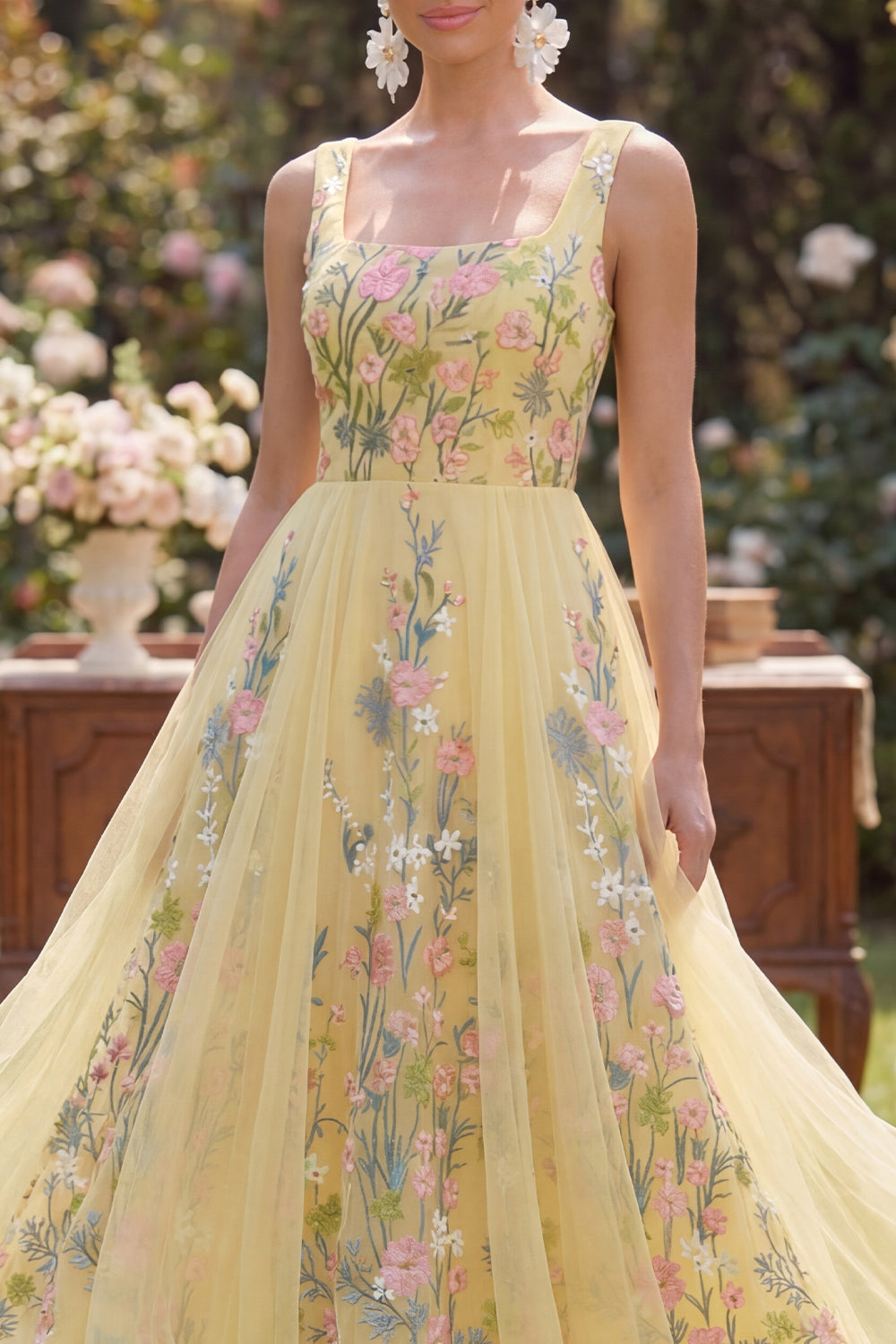 long yellow floral dress Zapakasa Women Butter Yellow Floral Maxi Wedding Guest Dress A Line Square  Neck Formal Dress