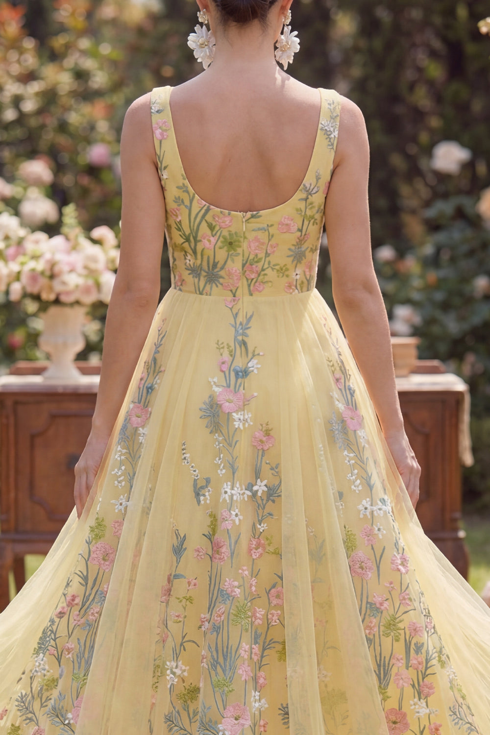 Square Neck Floral Butter Yellow A Line Maxi Wedding Guest Dress