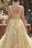 Square Neck Floral Butter Yellow A Line Maxi Wedding Guest Dress