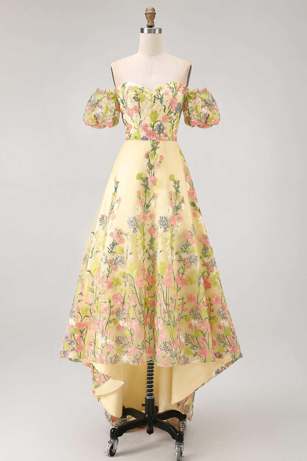 Puff Sleeves Floral Butter Yellow A Line High Low Wedding Guest Dress
