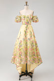 Puff Sleeves Floral Butter Yellow A Line High Low Wedding Guest Dress