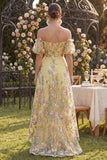 Puff Sleeves Floral Butter Yellow A Line High Low Wedding Guest Dress