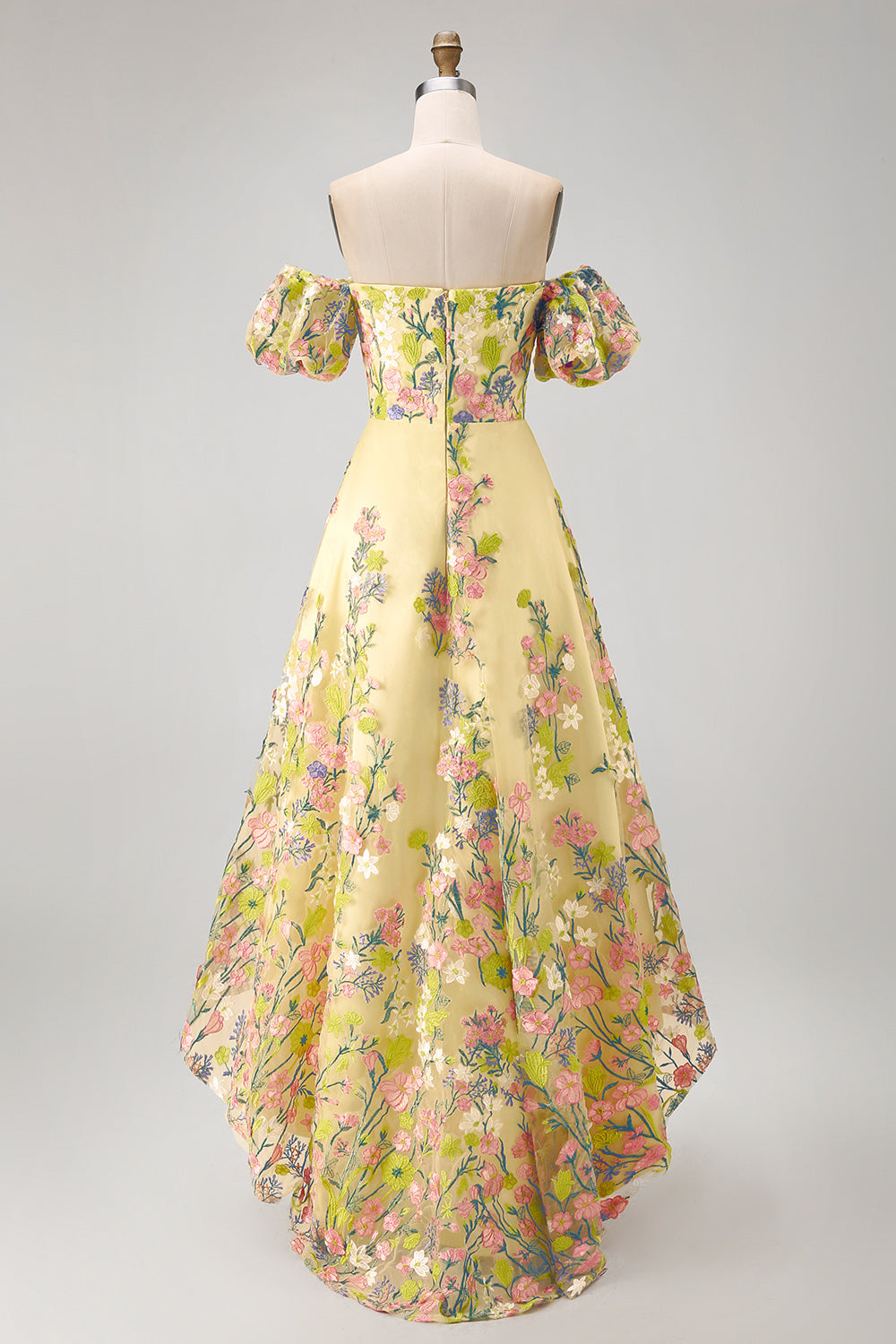 Puff Sleeves Floral Butter Yellow A Line High Low Wedding Guest Dress