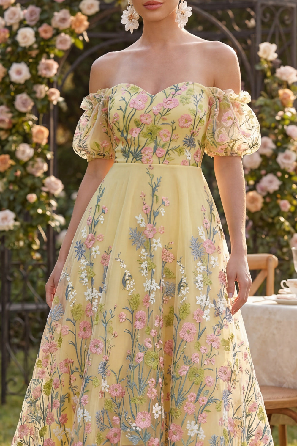 Puff Sleeves Floral Butter Yellow A Line High Low Wedding Guest Dress