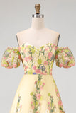 Puff Sleeves Floral Butter Yellow A Line High Low Wedding Guest Dress