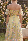 Puff Sleeves Floral Butter Yellow A Line High Low Wedding Guest Dress