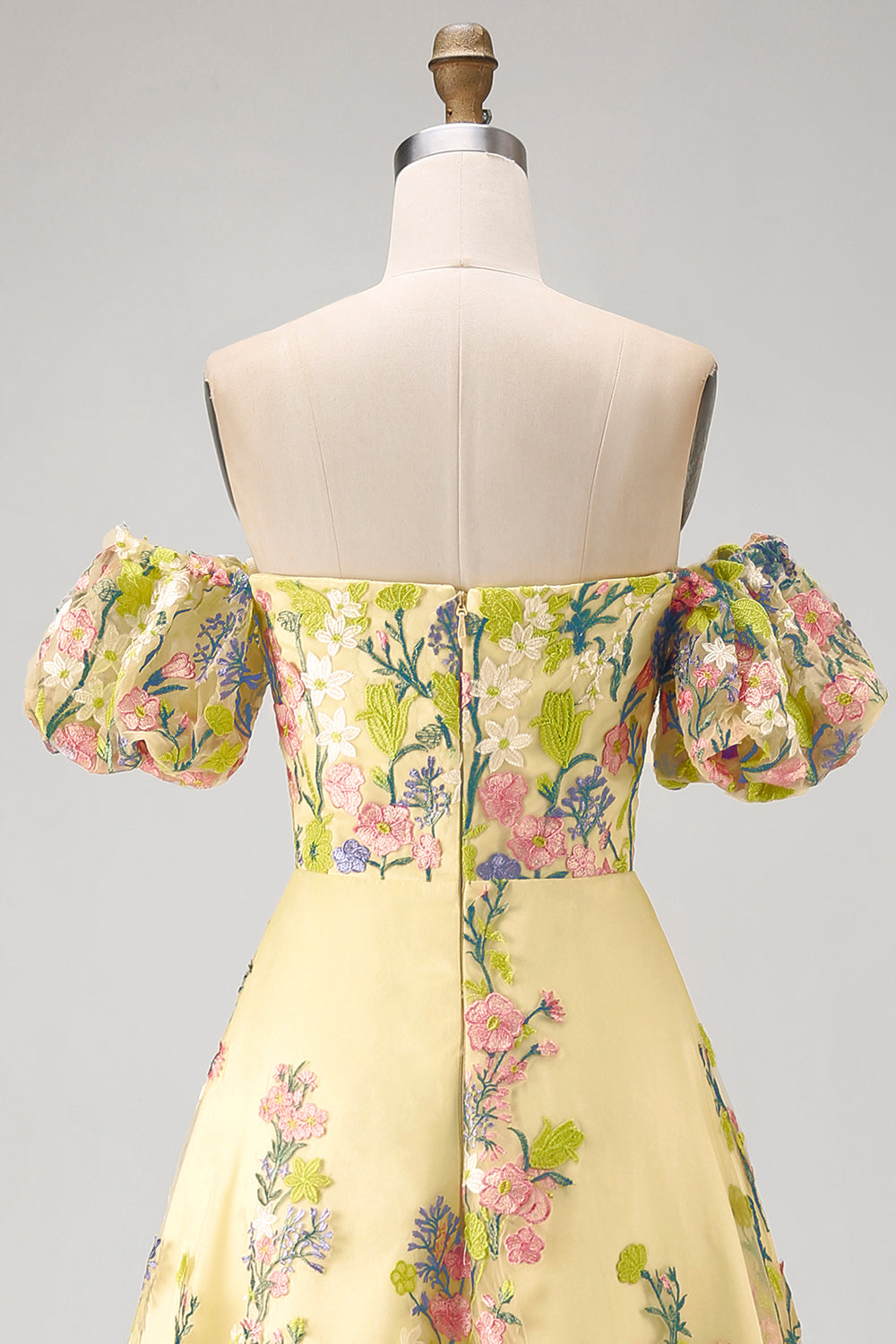 Puff Sleeves Floral Butter Yellow A Line High Low Wedding Guest Dress