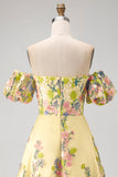 Puff Sleeves Floral Butter Yellow A Line High Low Wedding Guest Dress