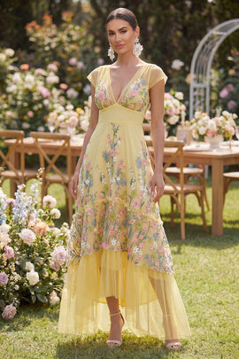 Cap Sleeves Floral Butter Yellow A Line Maxi Wedding Guest Dress with Ruffles