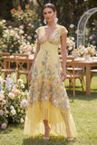 Cap Sleeves Floral Butter Yellow A Line Maxi Wedding Guest Dress with Ruffles