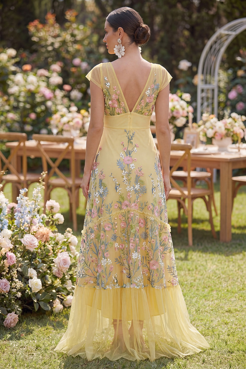 Cap Sleeves Floral Butter Yellow A Line Maxi Wedding Guest Dress with Ruffles