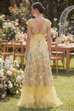 Cap Sleeves Floral Butter Yellow A Line Maxi Wedding Guest Dress with Ruffles