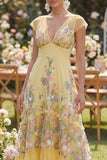 Cap Sleeves Floral Butter Yellow A Line Maxi Wedding Guest Dress with Ruffles