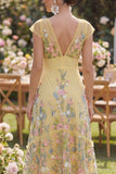 Cap Sleeves Floral Butter Yellow A Line Maxi Wedding Guest Dress with Ruffles