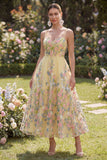 Spaghetti Straps Floral Butter Yellow A Line Maxi Wedding Guest Dress