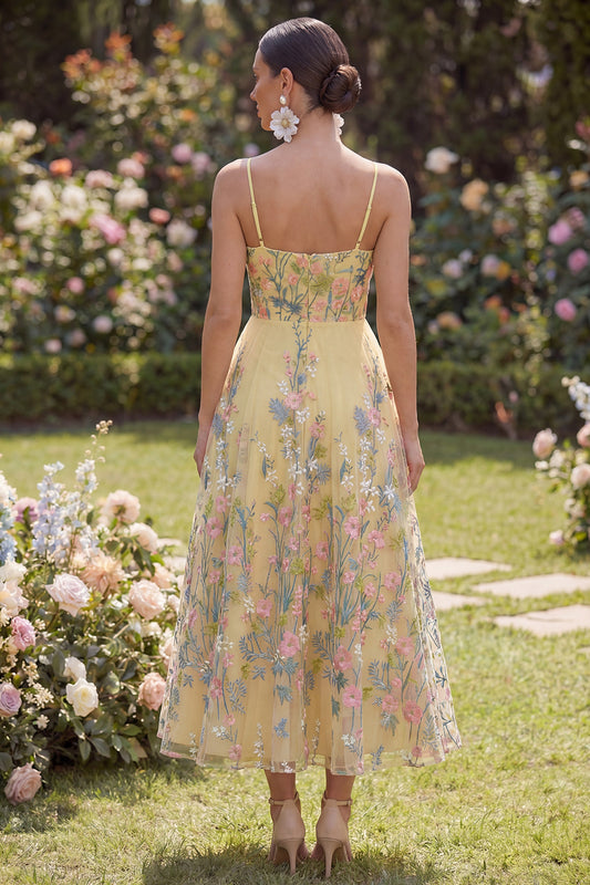 Spaghetti Straps Floral Butter Yellow A Line Maxi Wedding Guest Dress