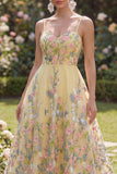 Spaghetti Straps Floral Butter Yellow A Line Maxi Wedding Guest Dress