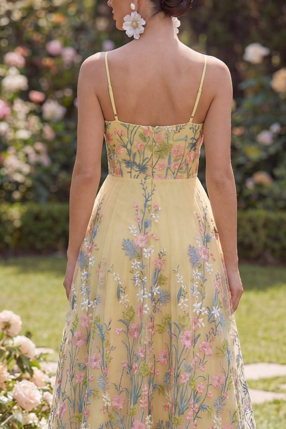 Spaghetti Straps Floral Butter Yellow A Line Maxi Wedding Guest Dress
