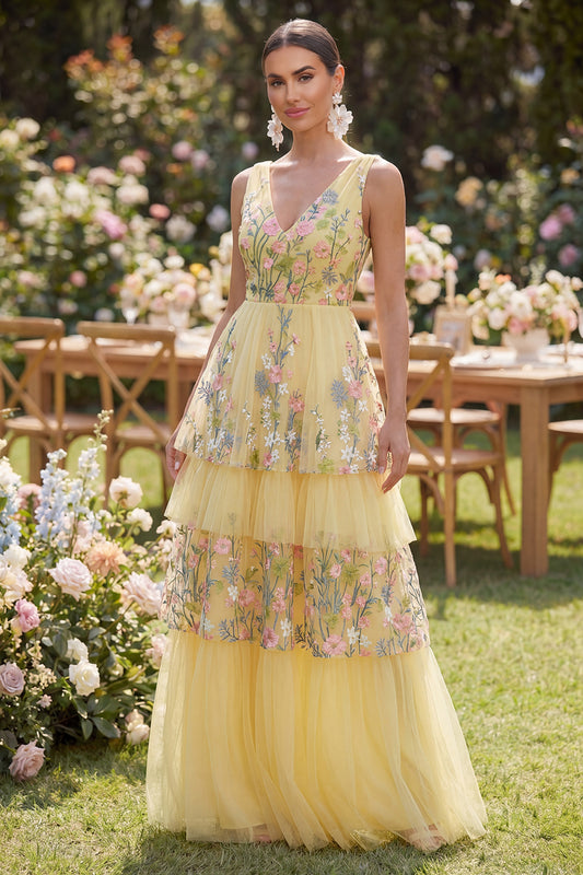 Floral Butter Yellow V-Neck A Line Long Wedding Guest Dress with Ruffles