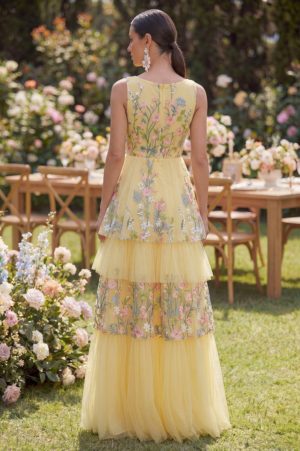 Floral Butter Yellow V-Neck A Line Long Wedding Guest Dress with Ruffles