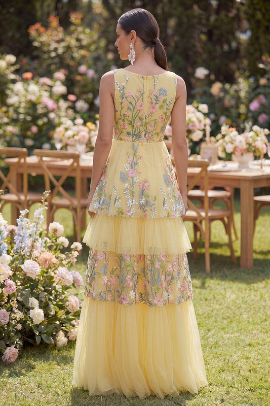 Floral Butter Yellow V-Neck A Line Long Wedding Guest Dress with Ruffles