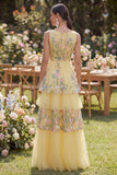Floral Butter Yellow V-Neck A Line Long Wedding Guest Dress with Ruffles