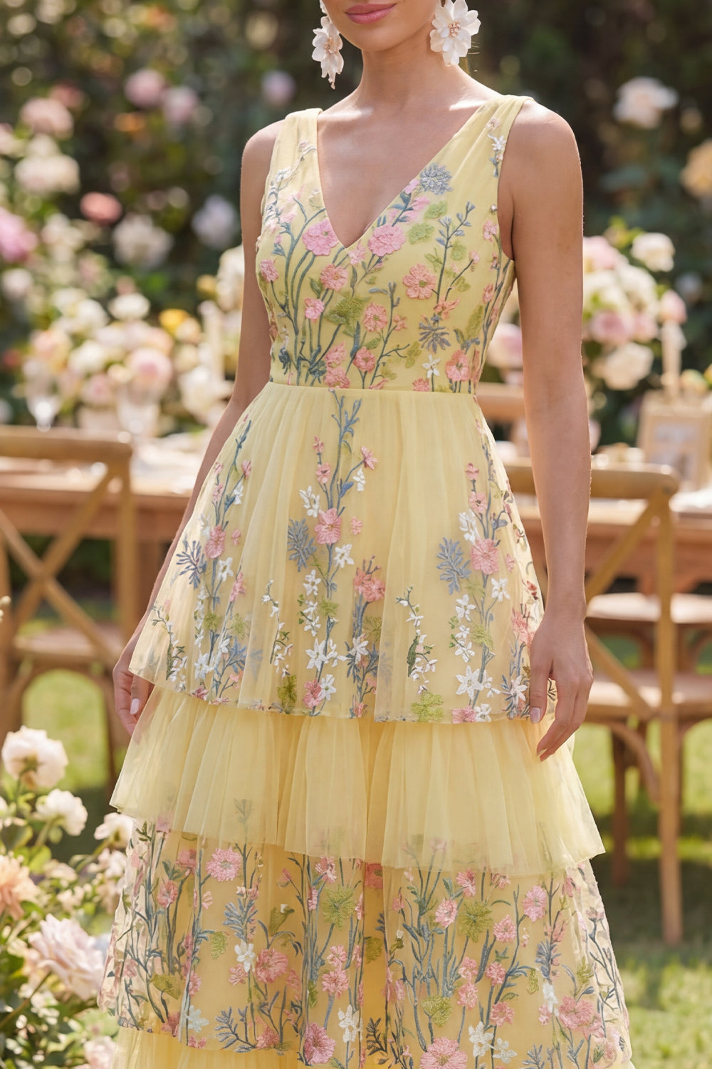 Floral Butter Yellow V-Neck A Line Long Wedding Guest Dress with Ruffles