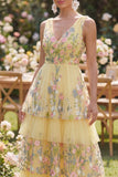 Floral Butter Yellow V-Neck A Line Long Wedding Guest Dress with Ruffles
