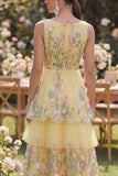 Floral Butter Yellow V-Neck A Line Long Wedding Guest Dress with Ruffles