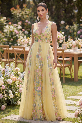 A Line Long V-Neck Floral Butter Yellow Wedding Guest Dress