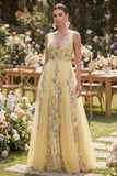 A Line Long V-Neck Floral Butter Yellow Wedding Guest Dress