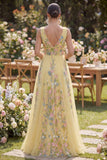 A Line Long V-Neck Floral Butter Yellow Wedding Guest Dress